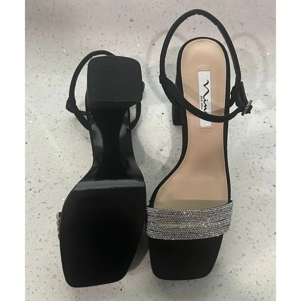 Nina Eloise Ankle Strap Sandal True Black Suede Womens Size 9.5